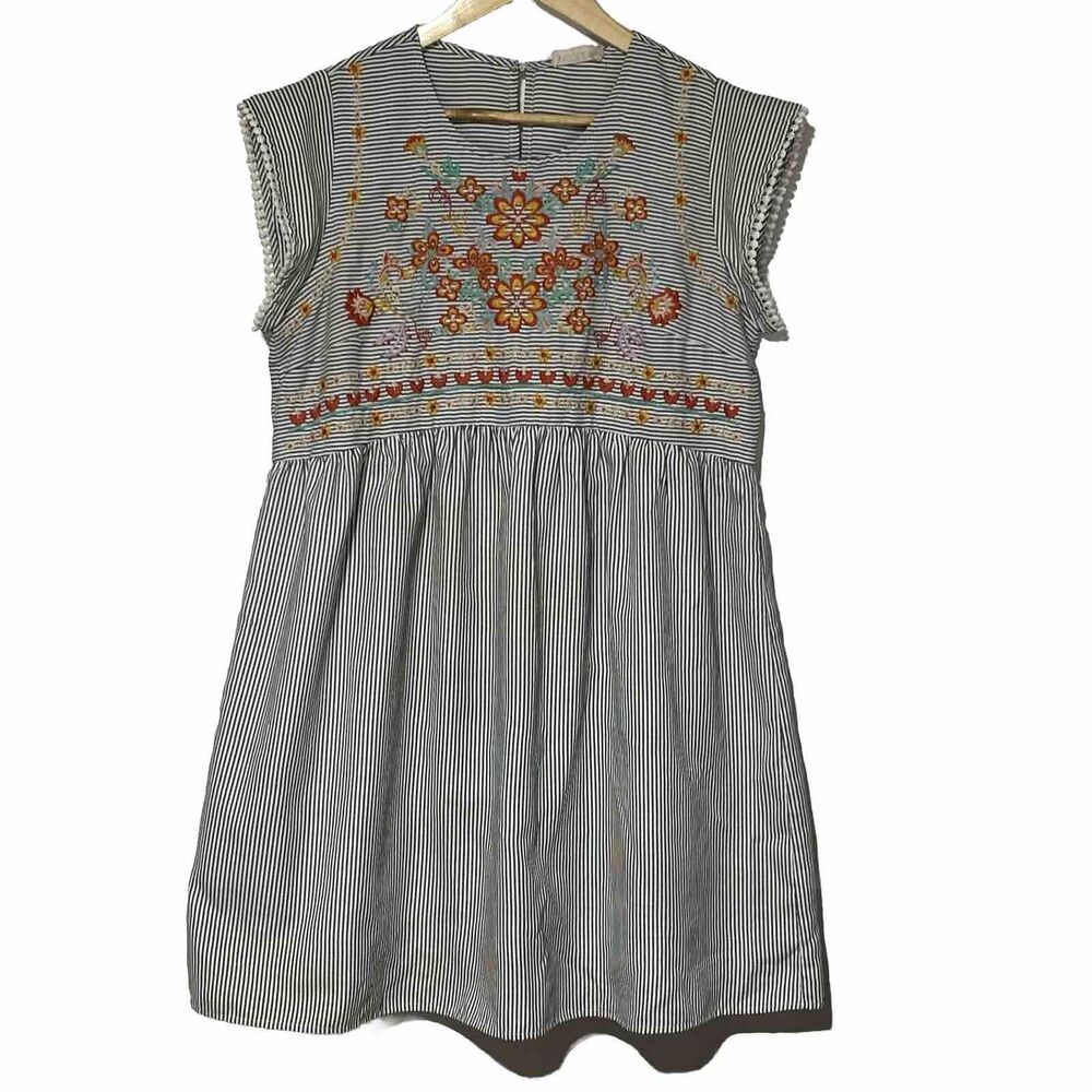 Roolee Womens Embroidered Dress Medium Black White Stripe Orange Floral Prairie